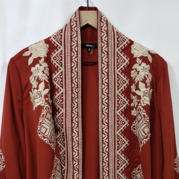 Andree By Unit Embroidered Floral Open Front Cardigan Women's L Rusty Boho Retro - Picture 2 of 8